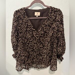 Tuckernuck Blouse Organza Womens Sz L Black Gold Formal Cocktail Holiday Evening